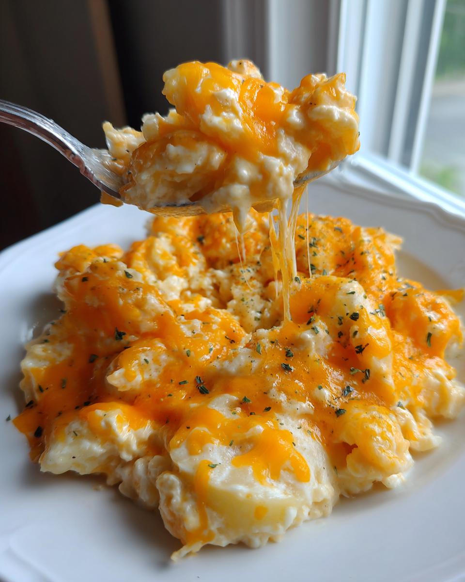 A spoonful of creamy crockpot cheesy potatoes showing melted cheese stretching between the spoon and the serving.