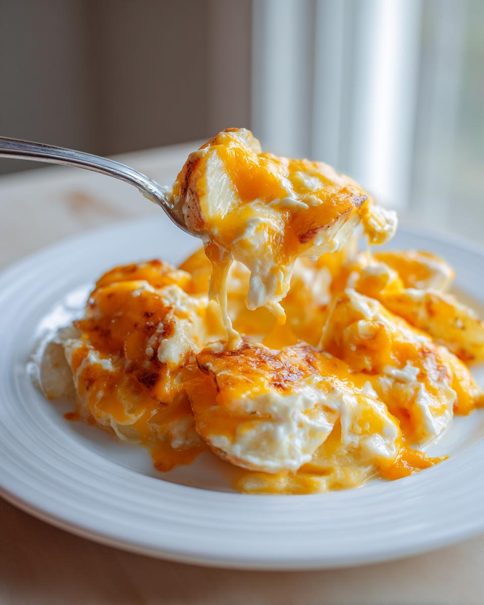 A spoonful of creamy, cheesy crockpot cheesy potatoes being lifted from a white plate, showing melted cheese strings.
