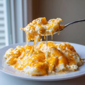 A spoonful of creamy crockpot cheesy potatoes being lifted, showing long, gooey cheese pulls over the main dish.