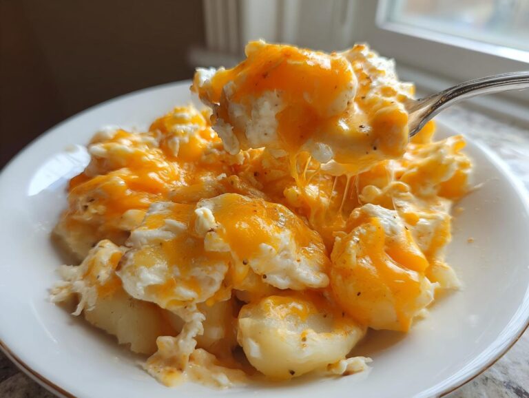 A spoonful of creamy crockpot cheesy potatoes with melted cheddar cheese being lifted from a white bowl.