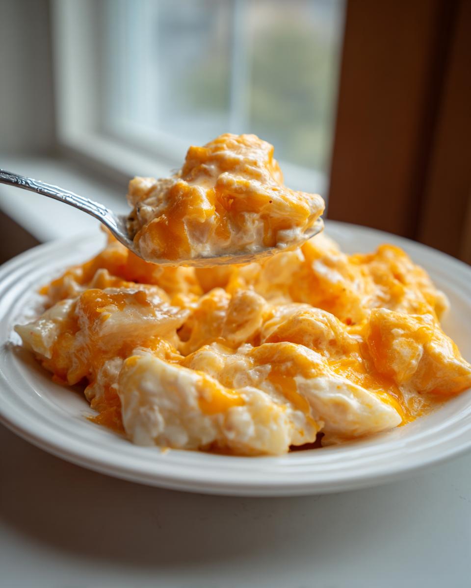 A spoonful of creamy crockpot cheesy potatoes being lifted from a white plate.