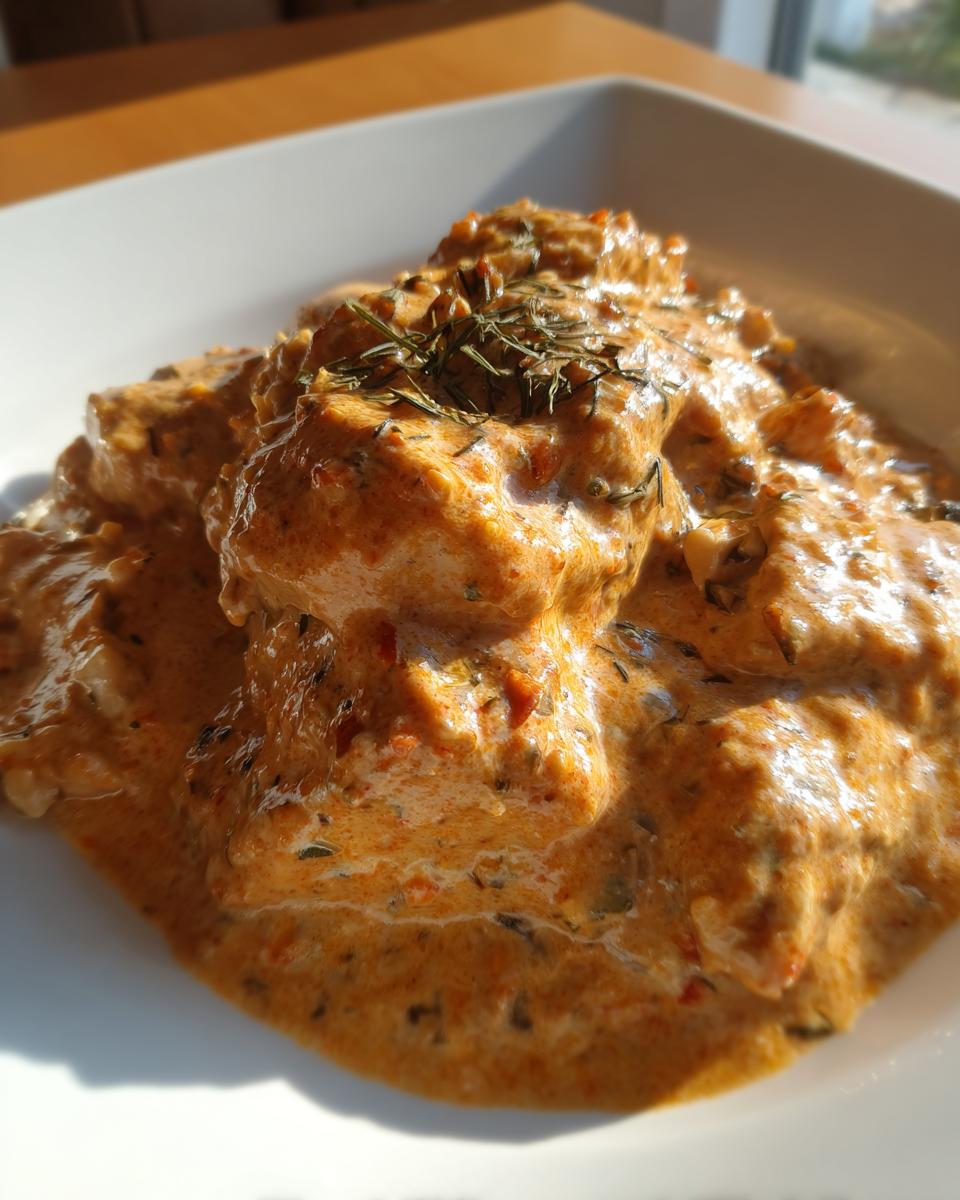 Close-up of tender chicken pieces smothered in a rich, creamy, orange-hued sauce, garnished with herbs, representing crockpot marry me chicken.