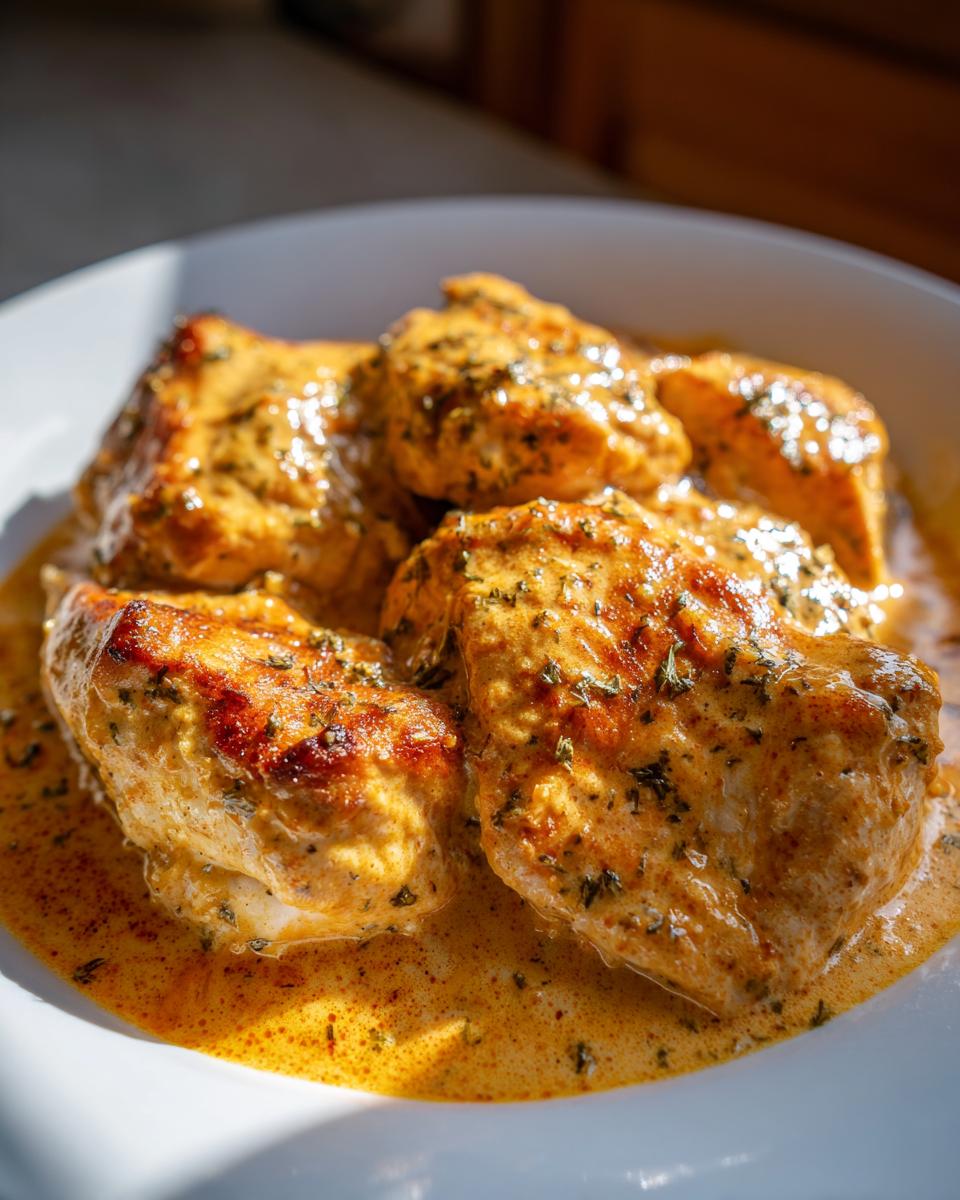 Close-up of tender chicken breasts covered in a rich, creamy, herb-flecked sauce, perfect for crockpot marry me chicken.