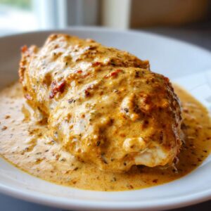 A close-up of a juicy chicken breast smothered in a rich, creamy sauce, perfect for crockpot marry me chicken.