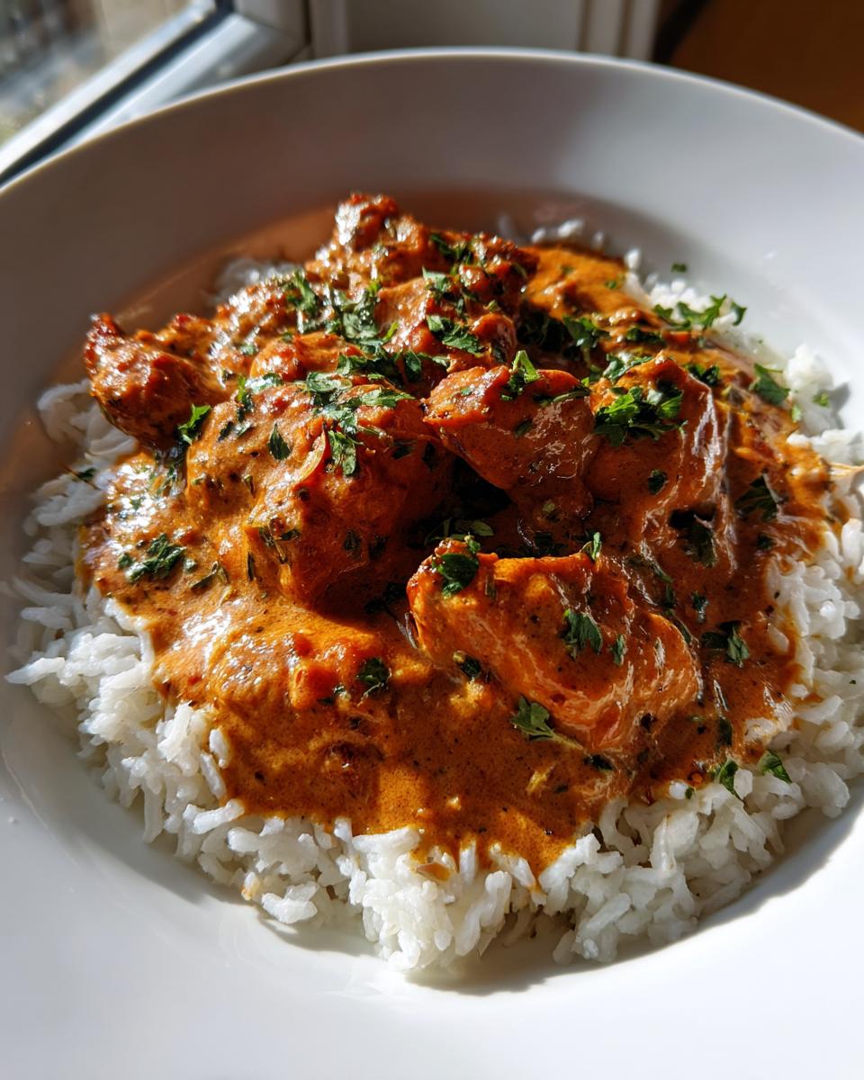 Close-up of creamy, orange-sauced chicken pieces served over white rice, garnished with parsley, resembling crockpot marry me chicken.