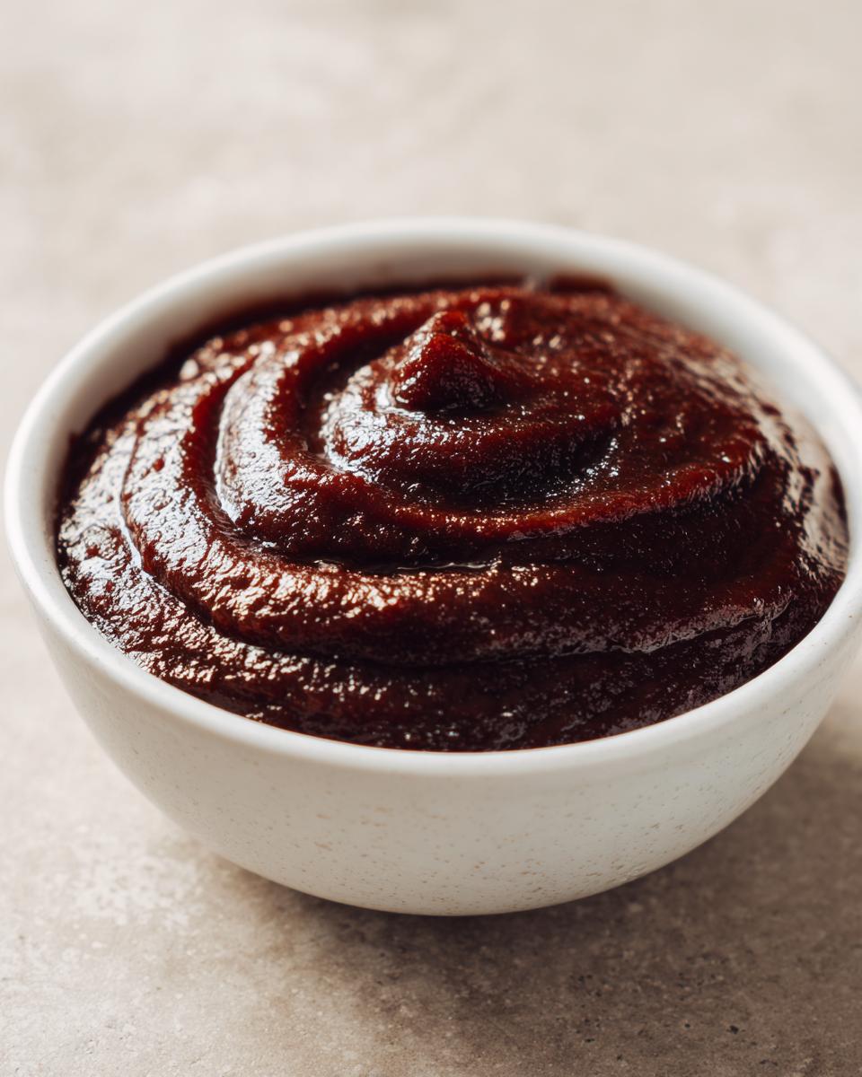 Close-up of thick, dark homemade apple butter swirled beautifully in a small white bowl.