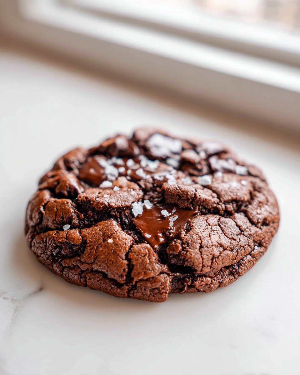 Close-up of a rich, dark chocolate chip cookie topped with flaky sea salt.