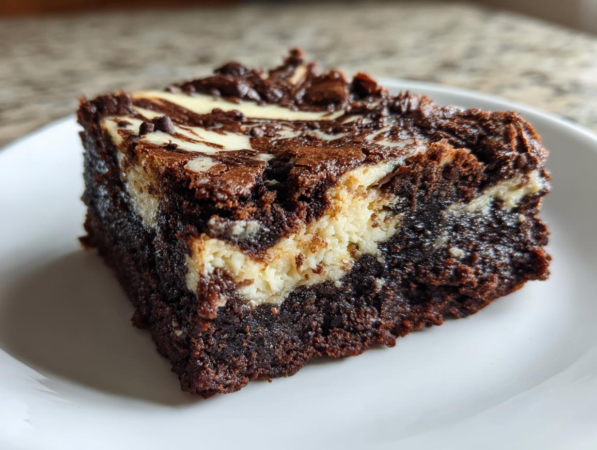 A rich, fudgy slice of cream cheese brownies showing a beautiful swirl of dark chocolate and creamy white cheesecake batter.