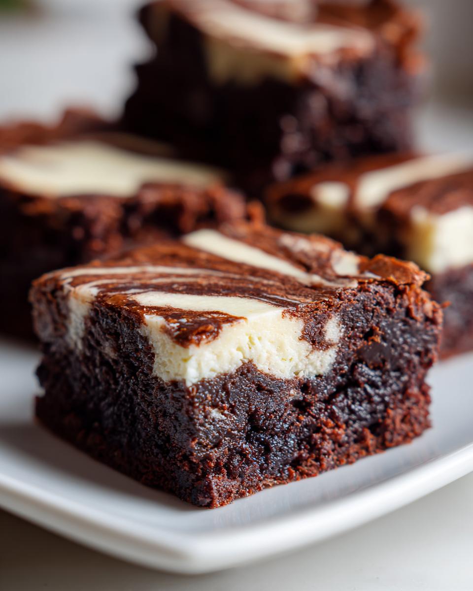 A close-up of a fudgy, dark chocolate cream cheese brownies square with a marbled cream cheese swirl on top.