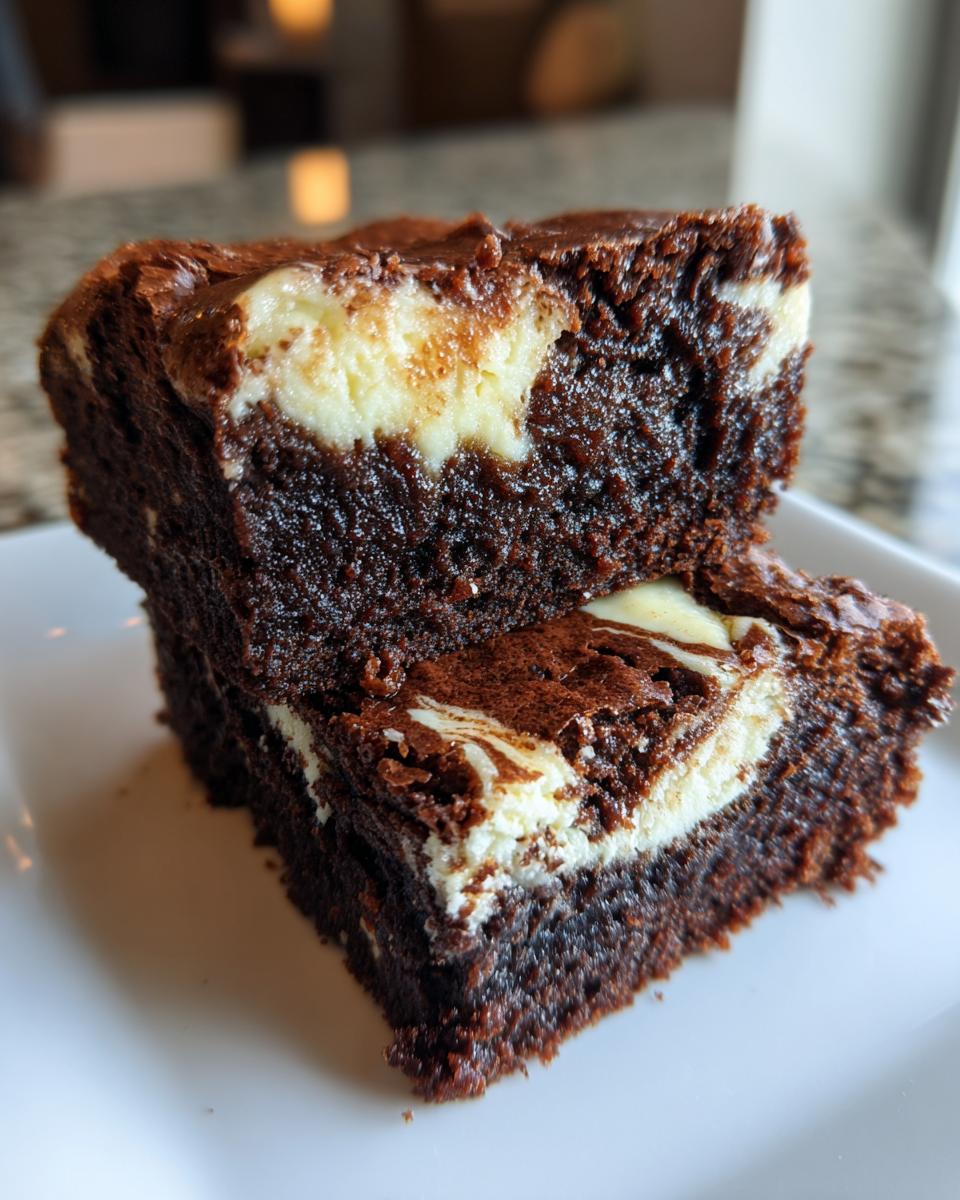 Two rich, fudgy cream cheese brownies stacked on a white plate, showing the marbled cream cheese swirl.