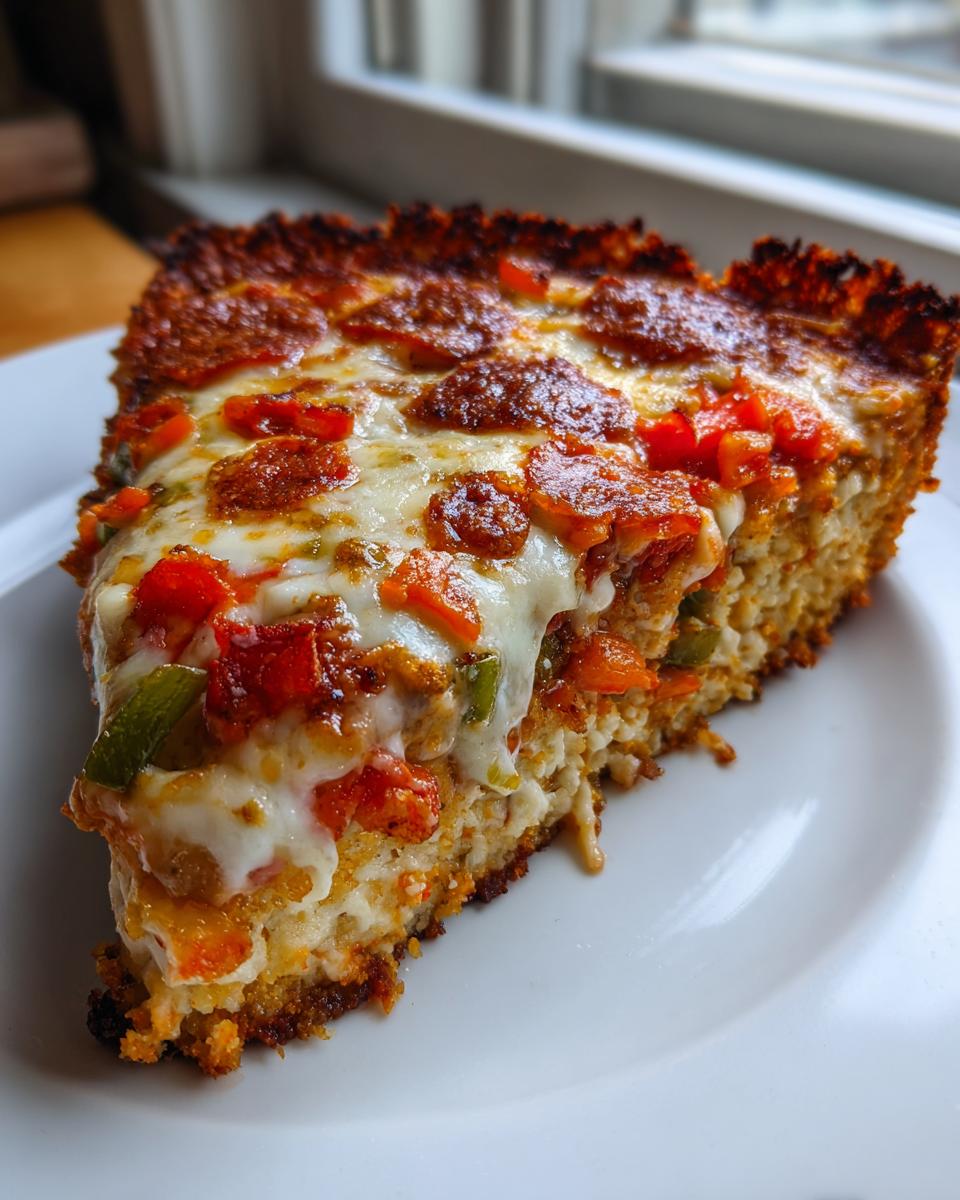 A thick slice of deep dish chicken crust pizza featuring a golden brown crust, melted mozzarella, pepperoni, and diced peppers.