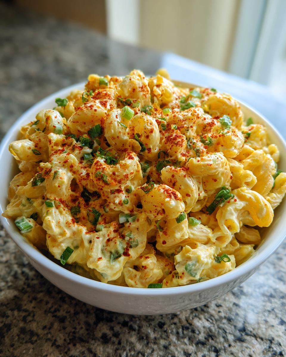 A close-up of creamy deviled egg pasta salad topped with paprika and green onions in a white bowl.