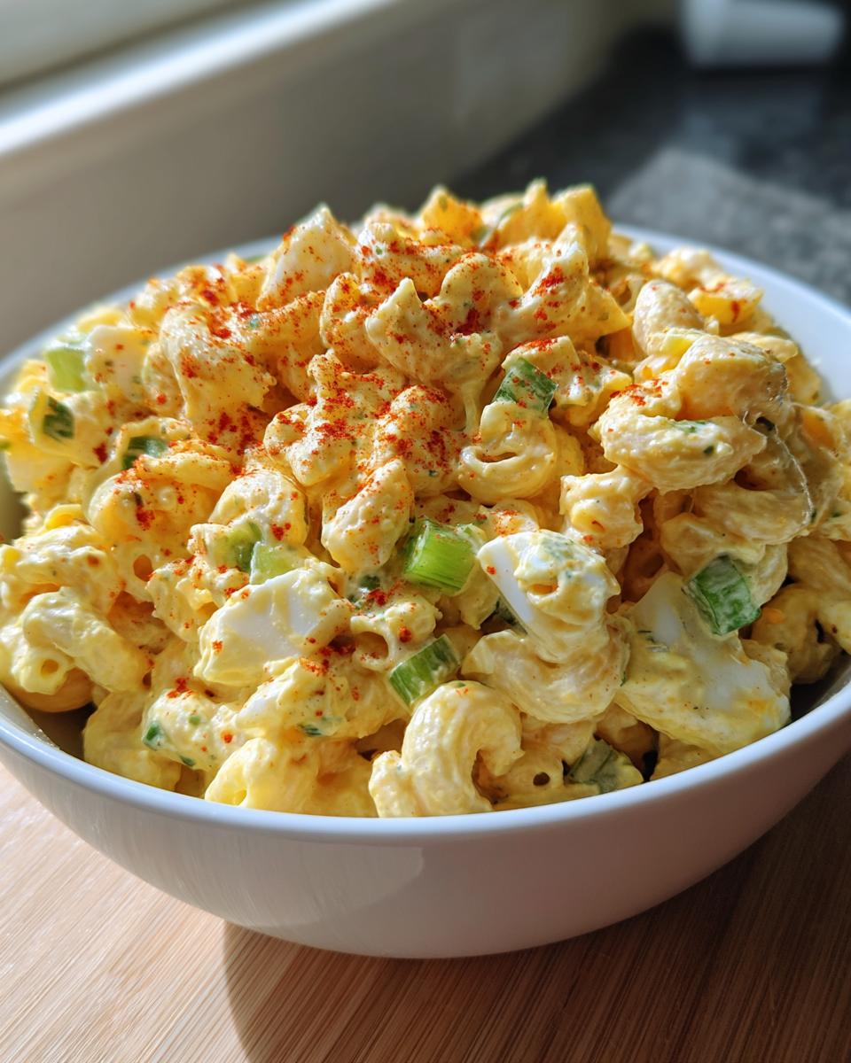 A close-up of creamy deviled egg pasta salad with macaroni, celery, and a paprika sprinkle in a white bowl.