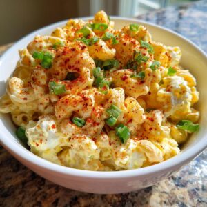 Close-up of creamy deviled egg pasta salad topped with paprika and chopped green onions.