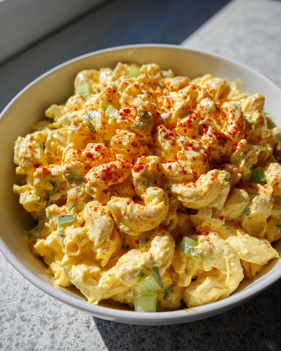 Close-up of creamy deviled egg pasta salad tossed with celery and topped with paprika in a white bowl.