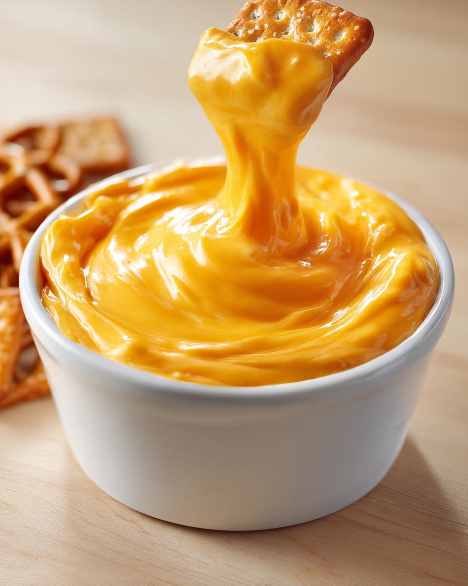 Close-up of a pretzel cracker being dipped into a bowl of smooth, bright orange beer cheese dip.