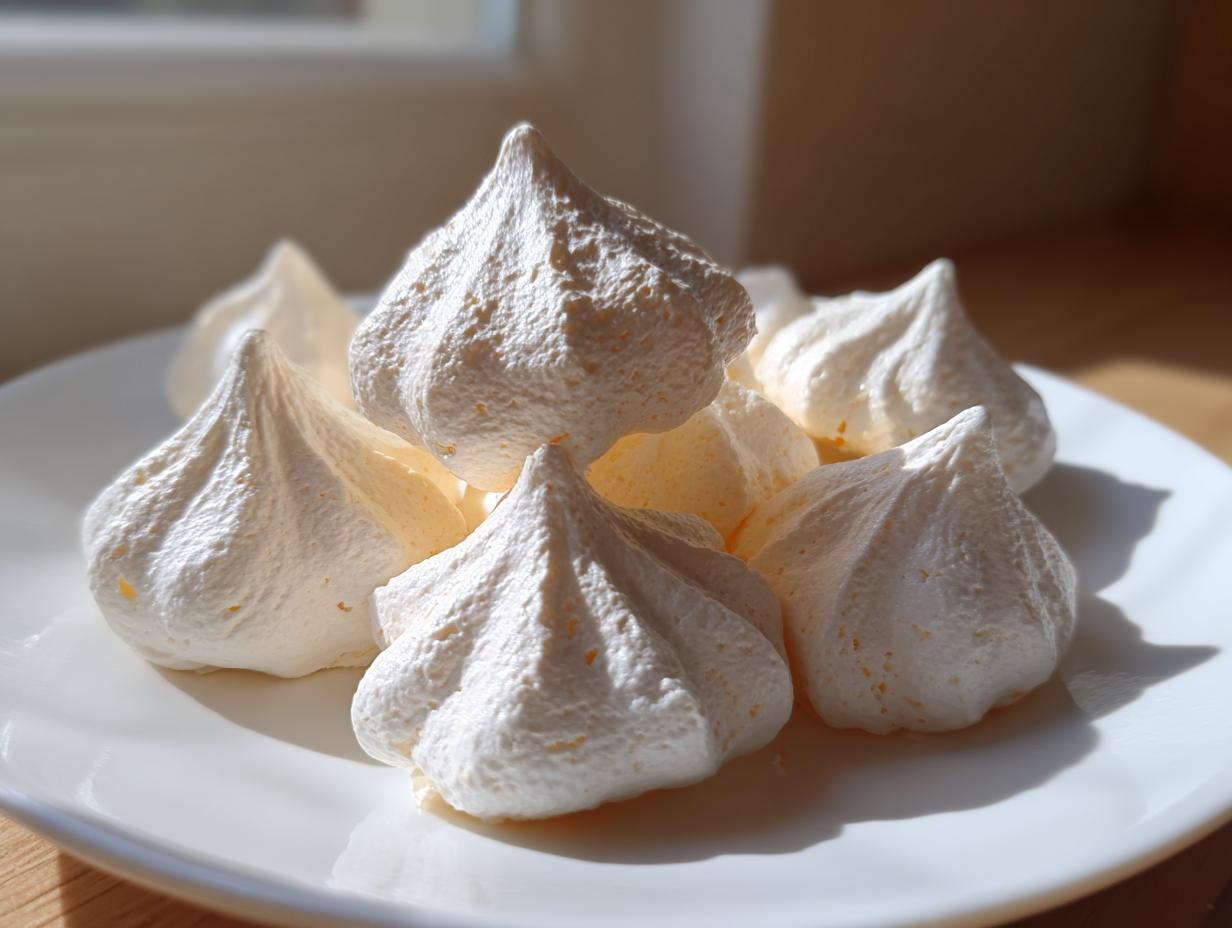 A close-up of several light, crisp meringue cookies piped into peaks, resting on a white plate in natural sunlight.
