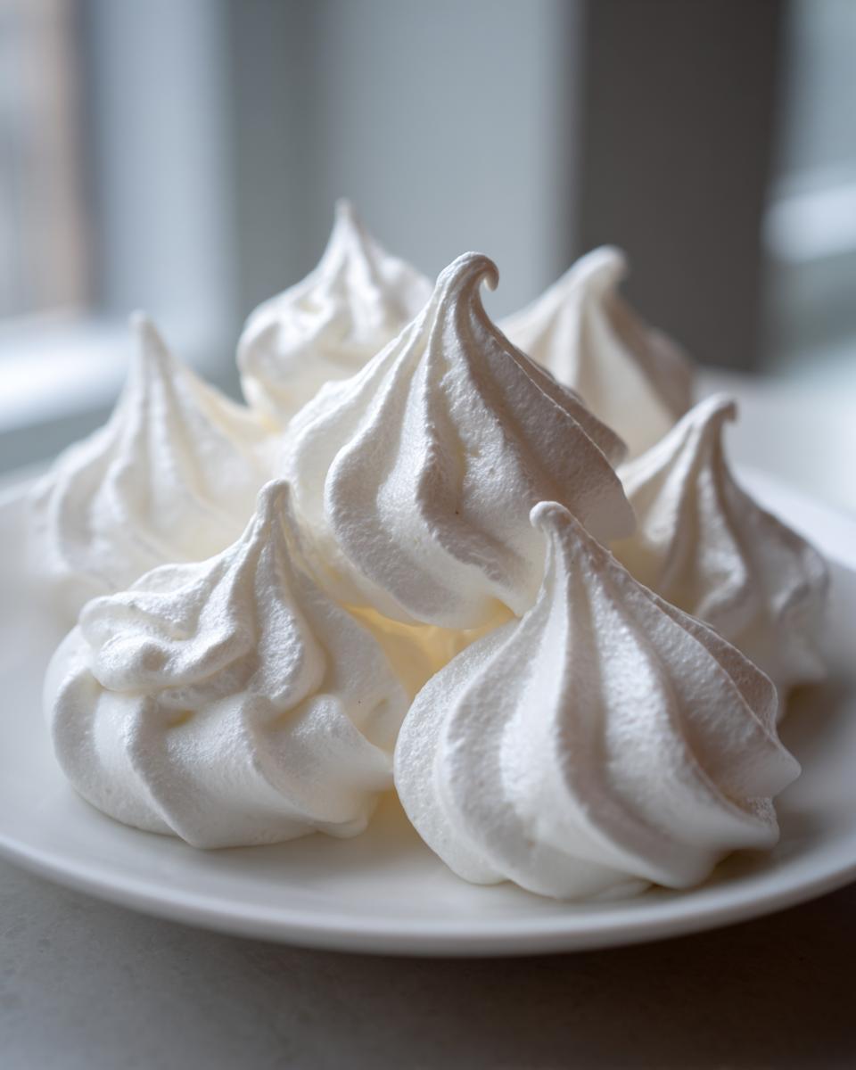 Close-up of several perfectly piped, bright white meringue cookies stacked on a white plate.