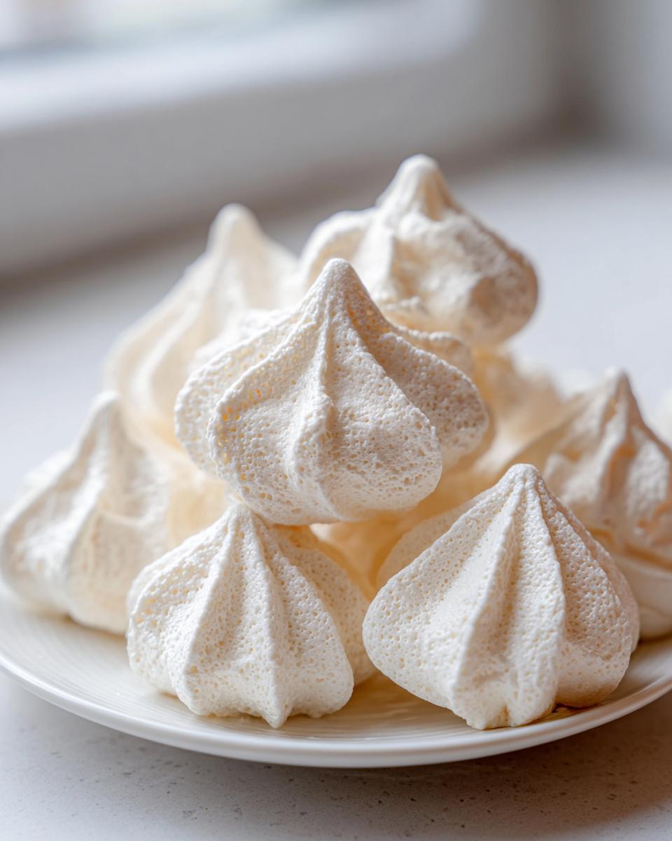 A pile of crisp, white meringue cookies with piped peaks served on a small white plate.