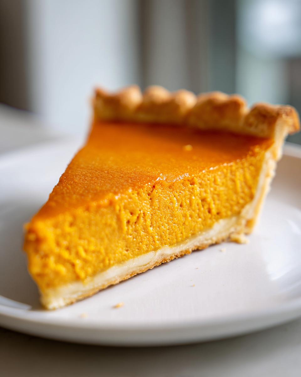 A close-up of a perfect slice of easy pumpkin pie showing the rich orange filling and flaky crust.