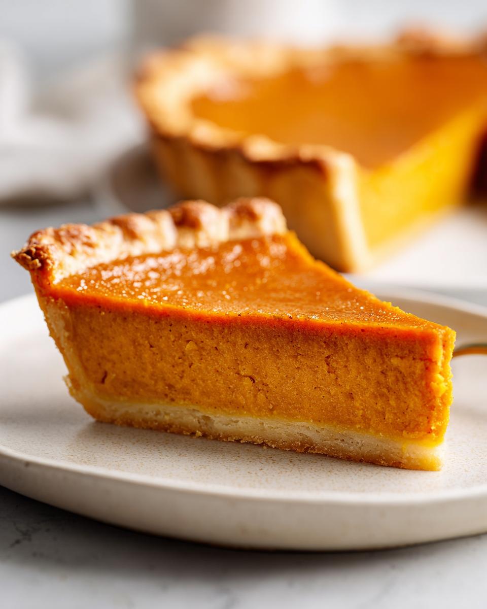 A close-up shot of a perfect slice of easy pumpkin pie showing the creamy filling and flaky crust.