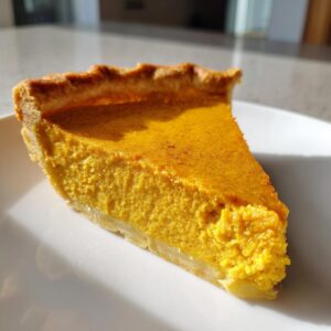 A close-up, appetizing slice of easy pumpkin pie with a golden crust on a white plate.