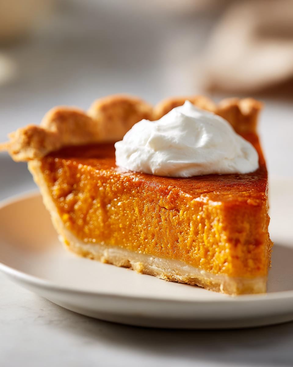 A close-up of a perfect slice of easy pumpkin pie topped with a dollop of whipped cream.