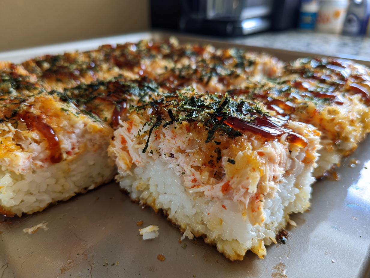 A thick, square slice of baked sushi bake showing the layers of rice and creamy crab topping.