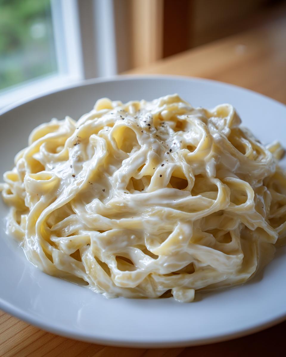 Close-up of fettuccine pasta generously coated in creamy Olive Garden Alfredo sauce, topped with black pepper.