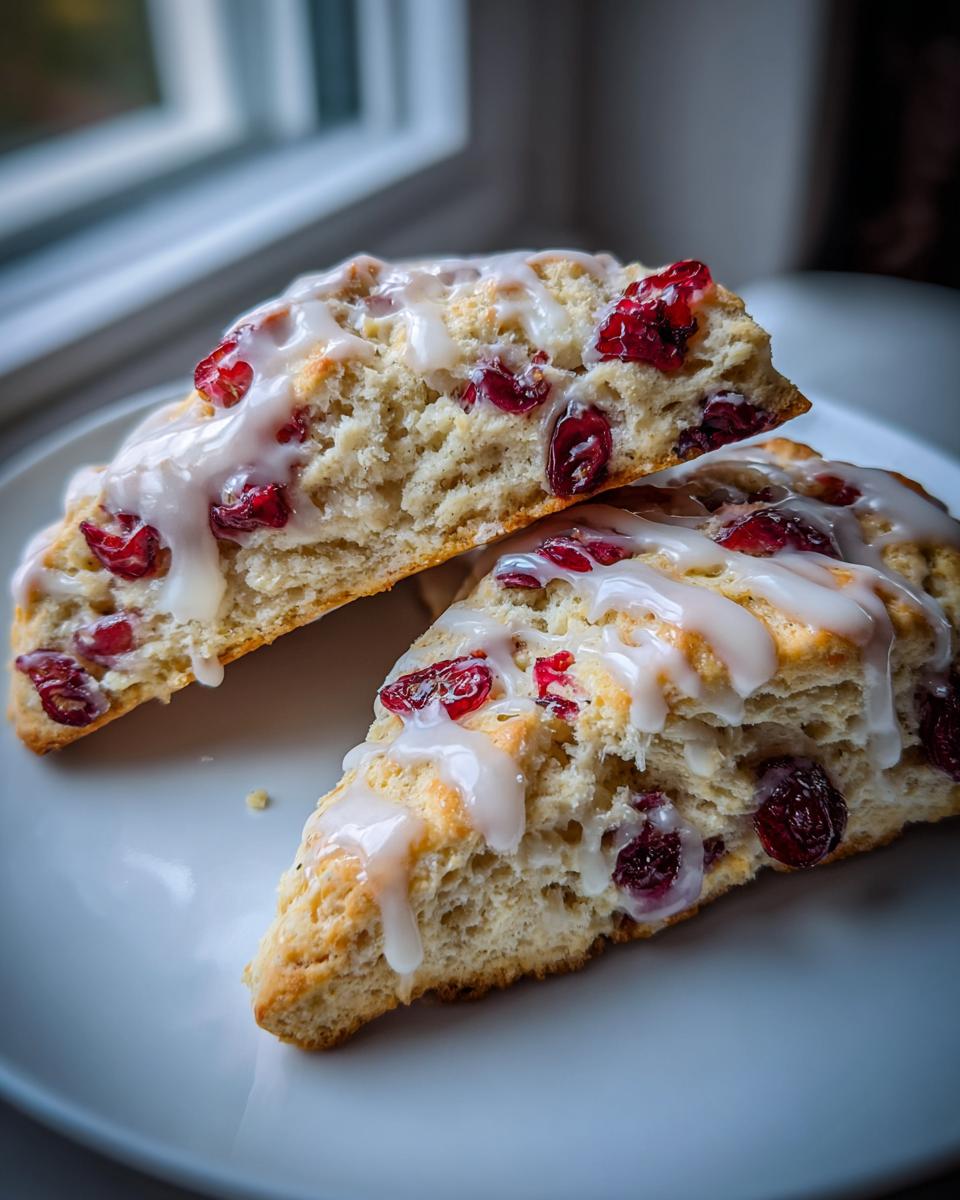 Two halves of flaky cranberry orange scones topped with a thick white glaze and dried cranberries.