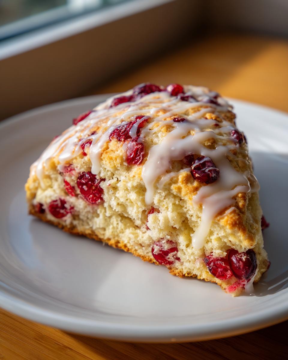 A close-up of a flaky cranberry orange scone topped with a sweet white glaze, sitting on a white plate.