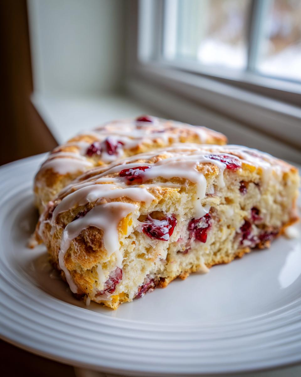 Close-up of two flaky cranberry orange scones drizzled with white icing, set near a window.