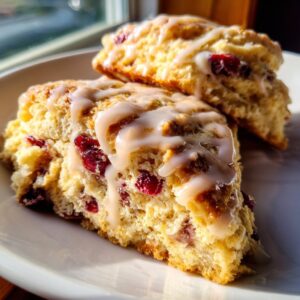Two flaky cranberry orange scones drizzled with a thick white glaze, sitting on a white plate.
