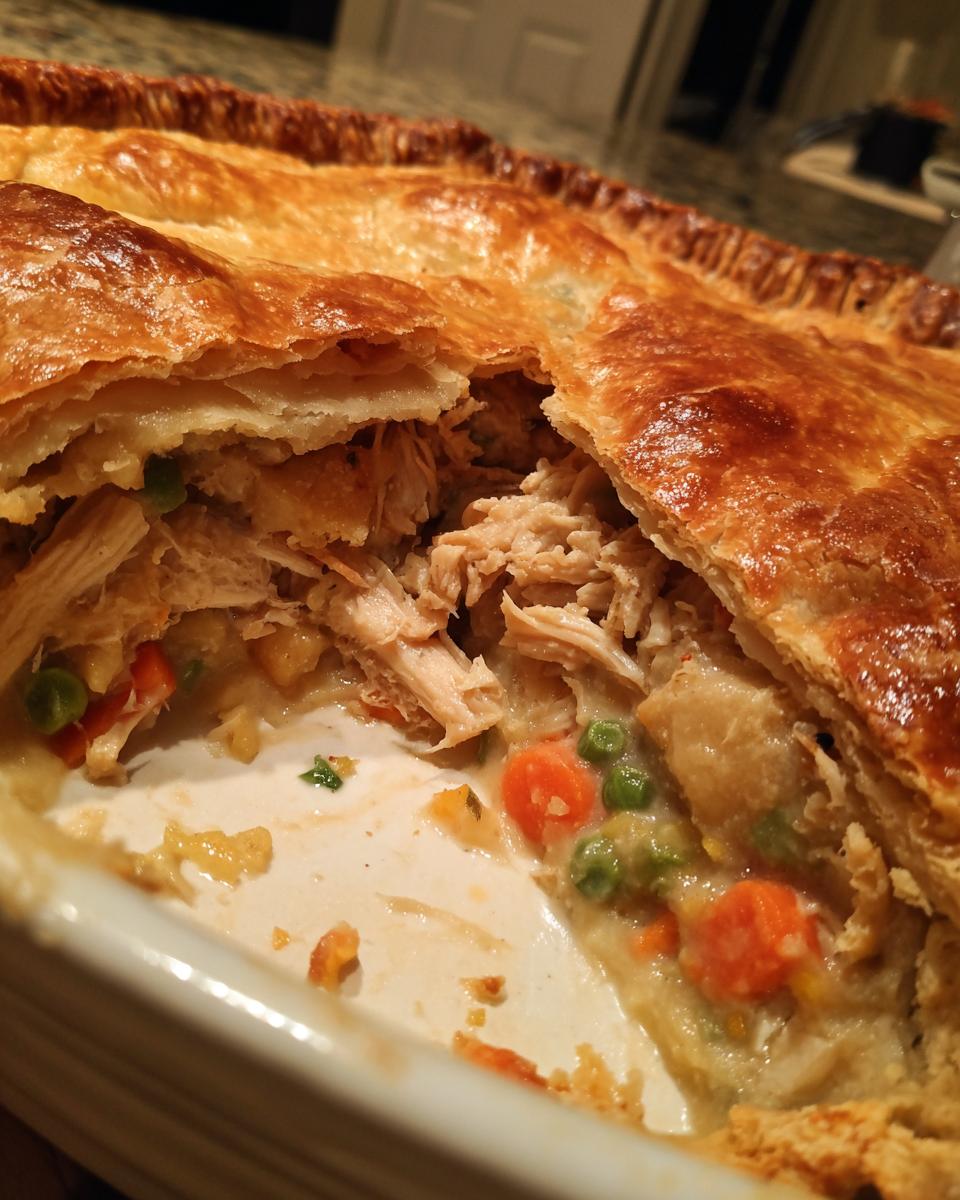 Close-up of a freshly baked turkey pot pie with a golden, flaky crust broken open to reveal shredded turkey and creamy vegetables.