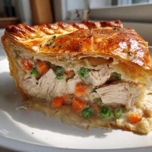 Close-up of a thick slice of turkey pot pie recipe showing flaky crust and creamy filling with chunks of turkey, carrots, and peas.