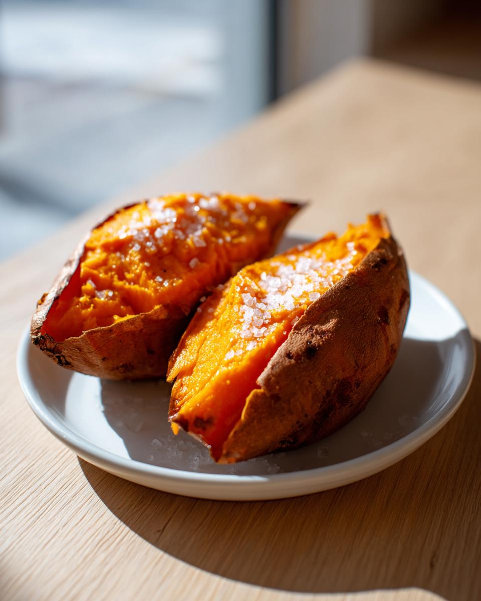 Two halves of a fluffy baked sweet potato, seasoned generously with flaky sea salt, served on a white plate.