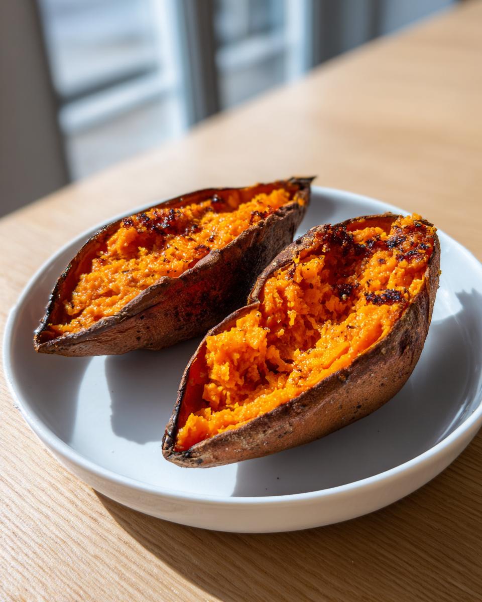 Two halves of a fluffy baked sweet potato showing bright orange flesh served on a white plate.