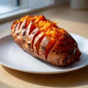 A perfectly cooked, fluffy baked sweet potato, scored and slightly mashed, resting on a white plate.