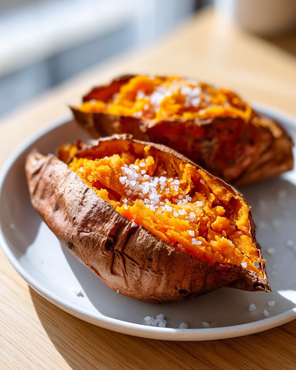 Two halves of a perfectly baked sweet potato, showing fluffy orange flesh topped with coarse sea salt.