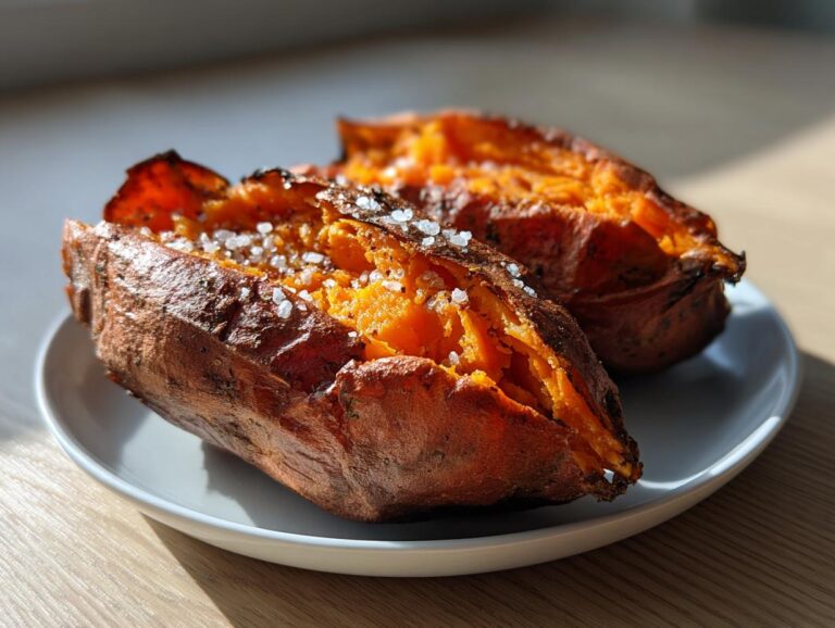 Two halves of a fluffy baked sweet potato, split open and topped with coarse sea salt crystals.