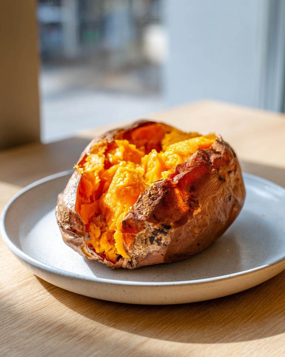A perfectly cooked, fluffy baked sweet potato split open on a light plate.