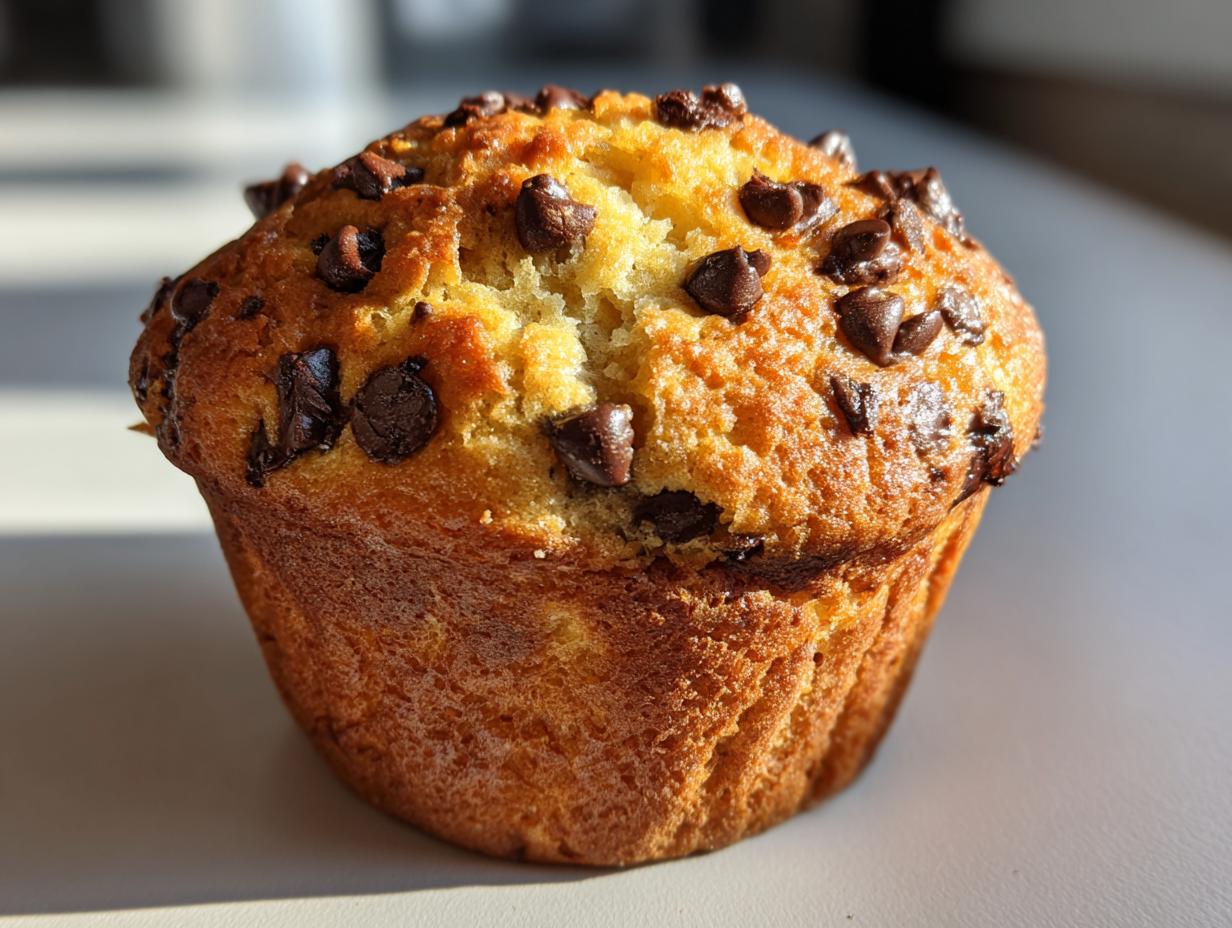 A single, perfectly baked banana chocolate chip muffin with a golden-brown top studded with melted chocolate chips.