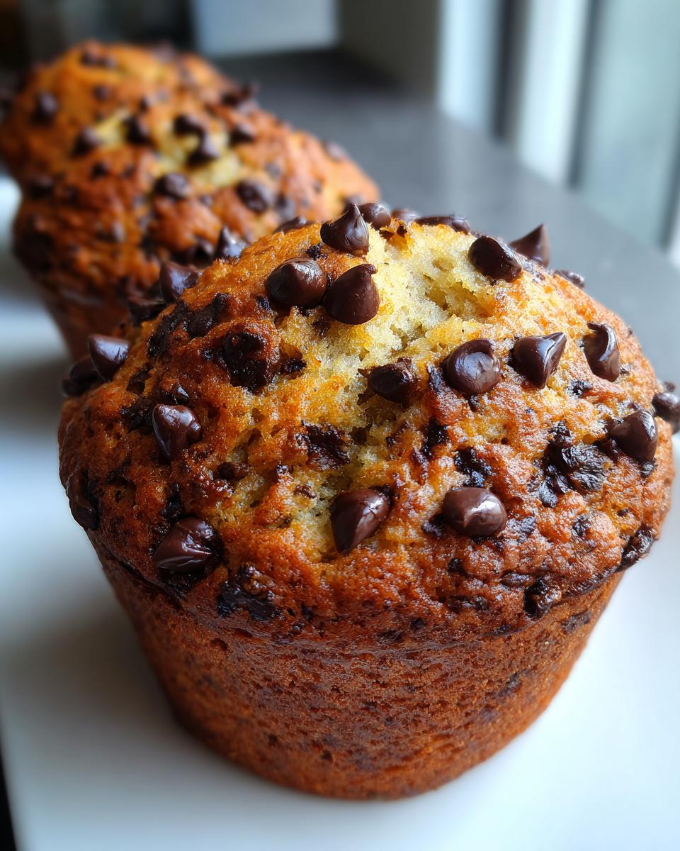 A close-up, shallow depth-of-field photo of a freshly baked banana chocolate chip muffin topped with melted chocolate chips.