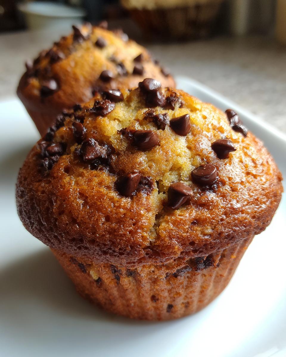 Close-up of a fluffy banana chocolate chip muffins topped with melted chocolate chips on a white plate.