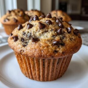 Close-up of a fluffy banana chocolate chip muffin topped generously with melted chocolate chips on a white plate.