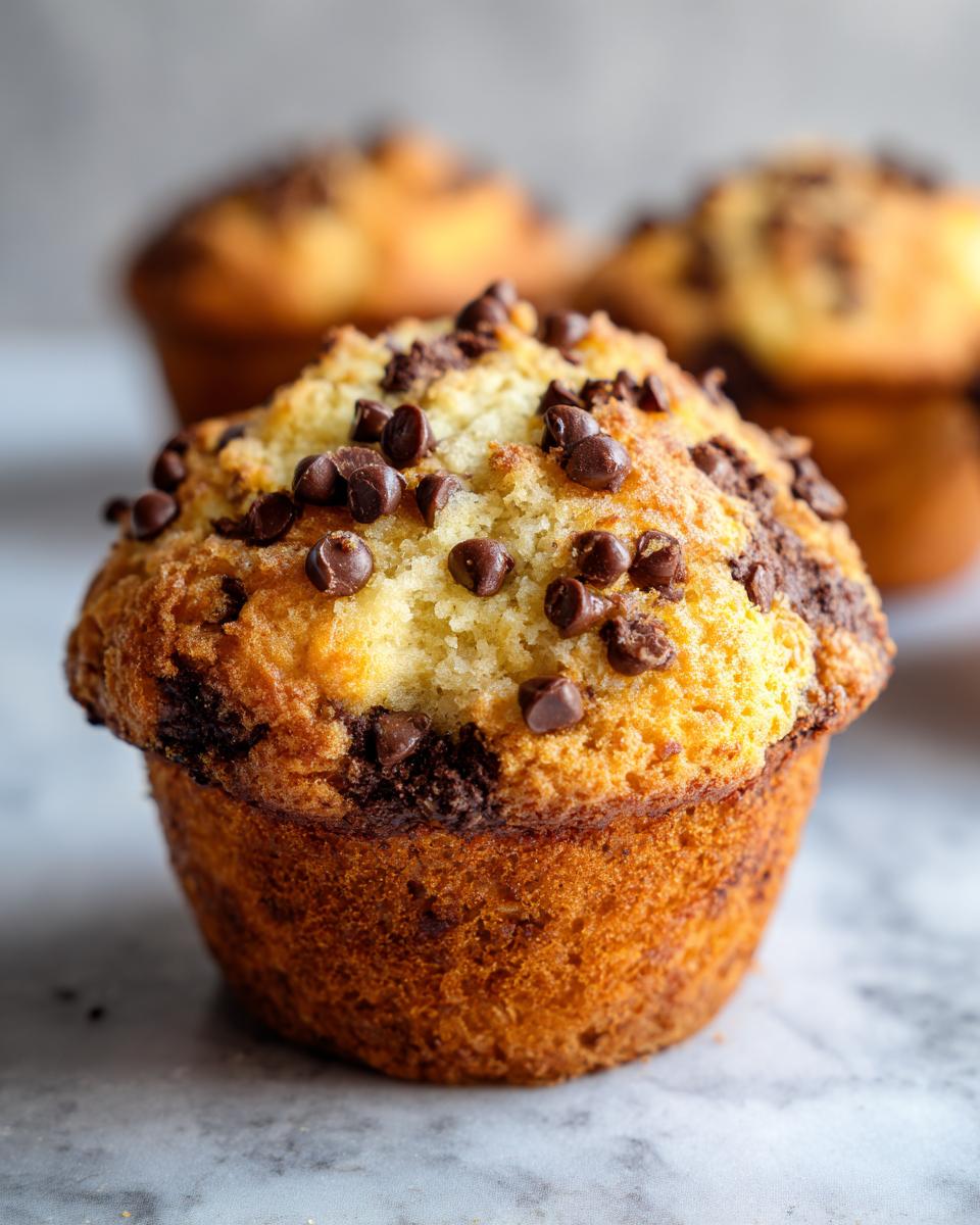 Close-up of a fluffy banana chocolate chip muffins top, loaded with mini chocolate chips.