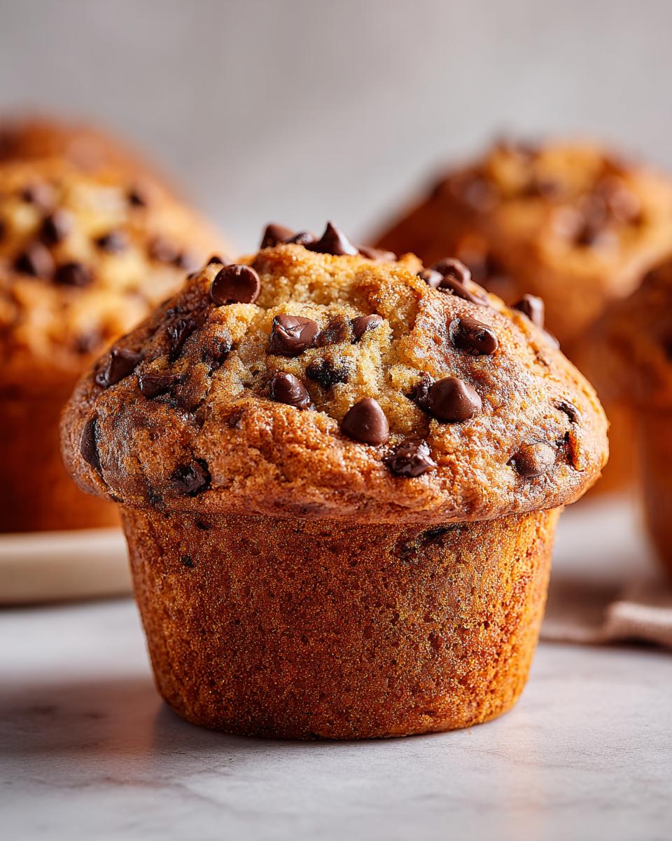 Close-up of a perfectly baked, fluffy banana chocolate chip muffins topped with melted chocolate chips.