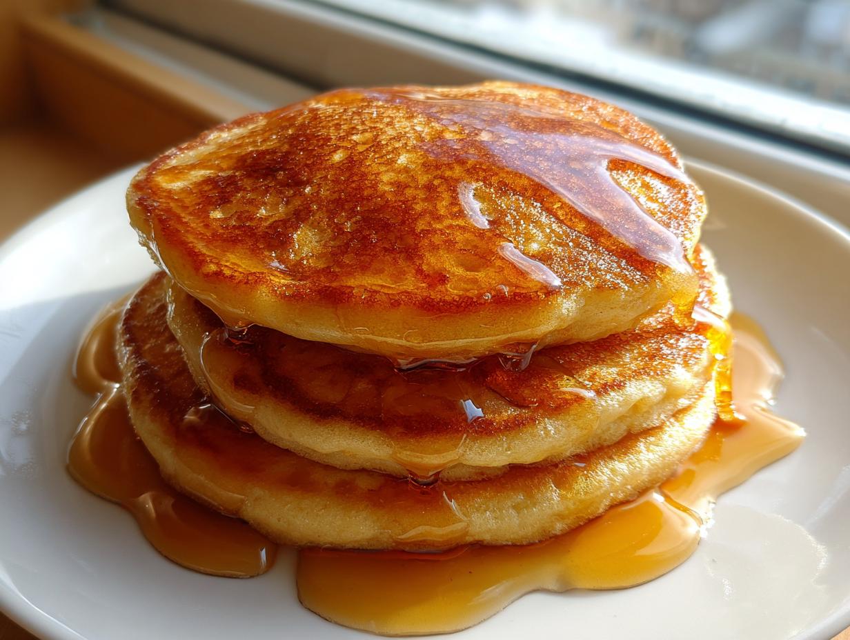 Close-up of a stack of three fluffy banana pancakes generously drizzled with golden syrup.