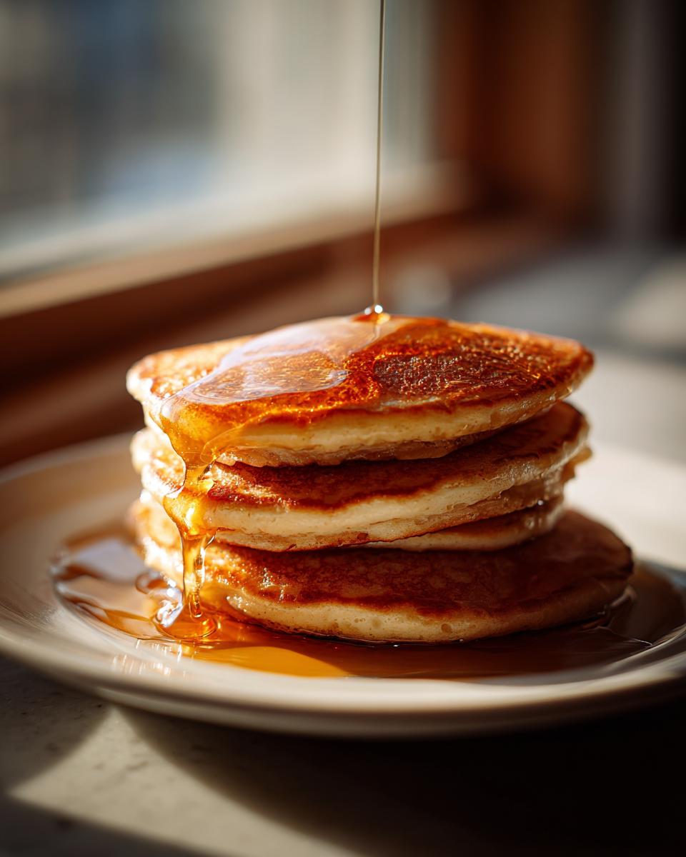 A tall stack of fluffy banana pancakes being drizzled with golden syrup.