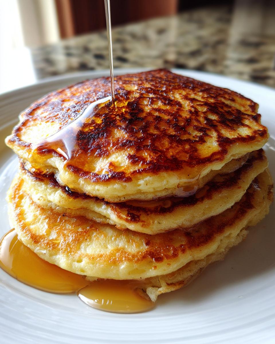 Close-up of a tall stack of golden brown banana pancakes being drizzled with syrup.